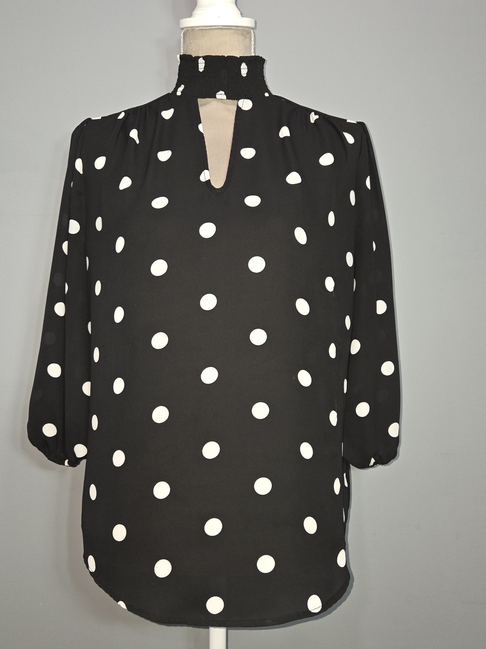 7th Ave Design Studio by NY & Co Black & White Polka Dot Smocked Neck Blouse - S